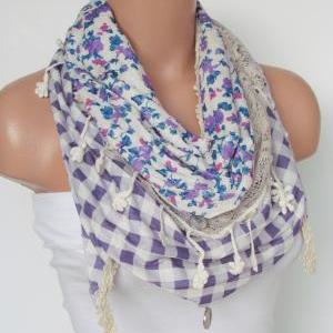 Triangle Scarf With Fringe And Lace-winter Shawl..