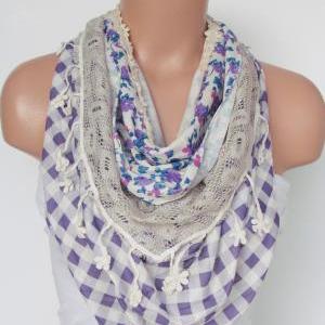 Triangle Scarf with fringe and lace..