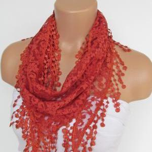 Terra-Cotta Long Scarf With Fringe-..