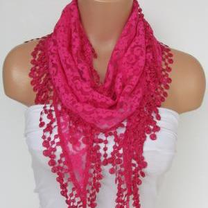 Deep Pink Long Scarf With Fringe-Wi..