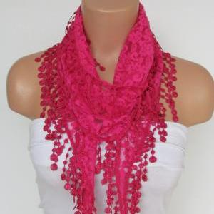 Deep Pink Long Scarf With Fringe-Wi..