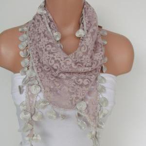 Beige Lace Scarf With Fringe-Fall F..