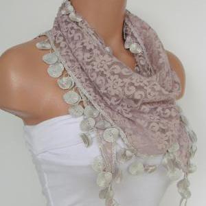 Beige Lace Scarf With Fringe-Fall F..