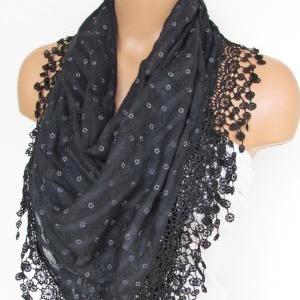 Black Scarf with fringe -Triangle S..