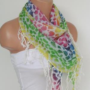 White Colorful Scarf with fringe -T..
