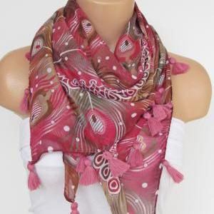 Pink Floral Scarf with fringe -Tria..