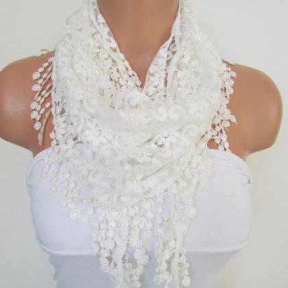 Cream Long Scarf With Fringe-Winter..