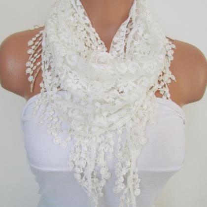 Cream Long Scarf With Fringe-Winter..
