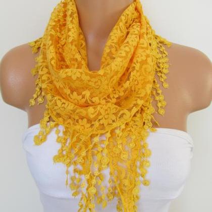 Yellow Long Scarf With Fringe-Winte..