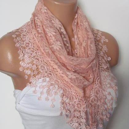 Salmon Long Scarf With Fringe-Winte..