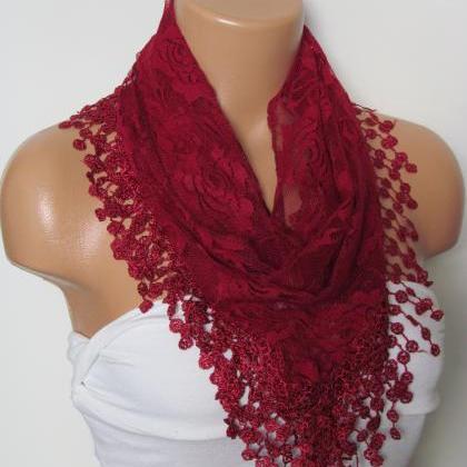 Claret Red Long Scarf With Fringe-W..