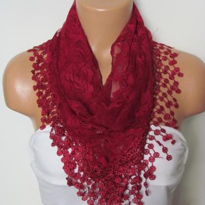 Claret Red Long Scarf With Fringe-W..