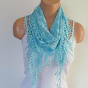 Turquoise Lace Scarf With Fringe New Season Scarf-Headband-Necklace- Infinity Scarf- Accessory-Long Scarf-Fall Fashion