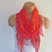 Red Lace Scarf With Fringe New Season Scarf-Headband-Necklace- Infinity Scarf- Accessory-Long Scarf-Fall Fashion