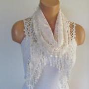Cream Lace Scarf With Fringe New Season Scarf-Headband-Necklace- Infinity Scarf- Accessory-Long Scarf-Fall Fashion