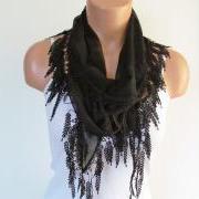 Long Scarf With Fringe-New Season Scarf-Headband-Necklace- Infinity Scarf- Spring Accessory-Black Scarf-New Season-Gift
