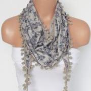 Gray Floral Pompon Scarf -Winter Fashion Scarf-Shawl Scarf-Headband-Necklace- Infinity Scarf- Winter Accessory-Long Scarf