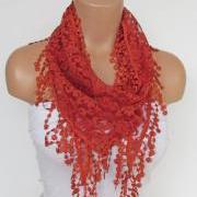 Terra-Cotta Long Scarf With Fringe-Winter Fashion Scarf-Headband-Necklace- Infinity Scarf- Winter Accessory-Long Scarf