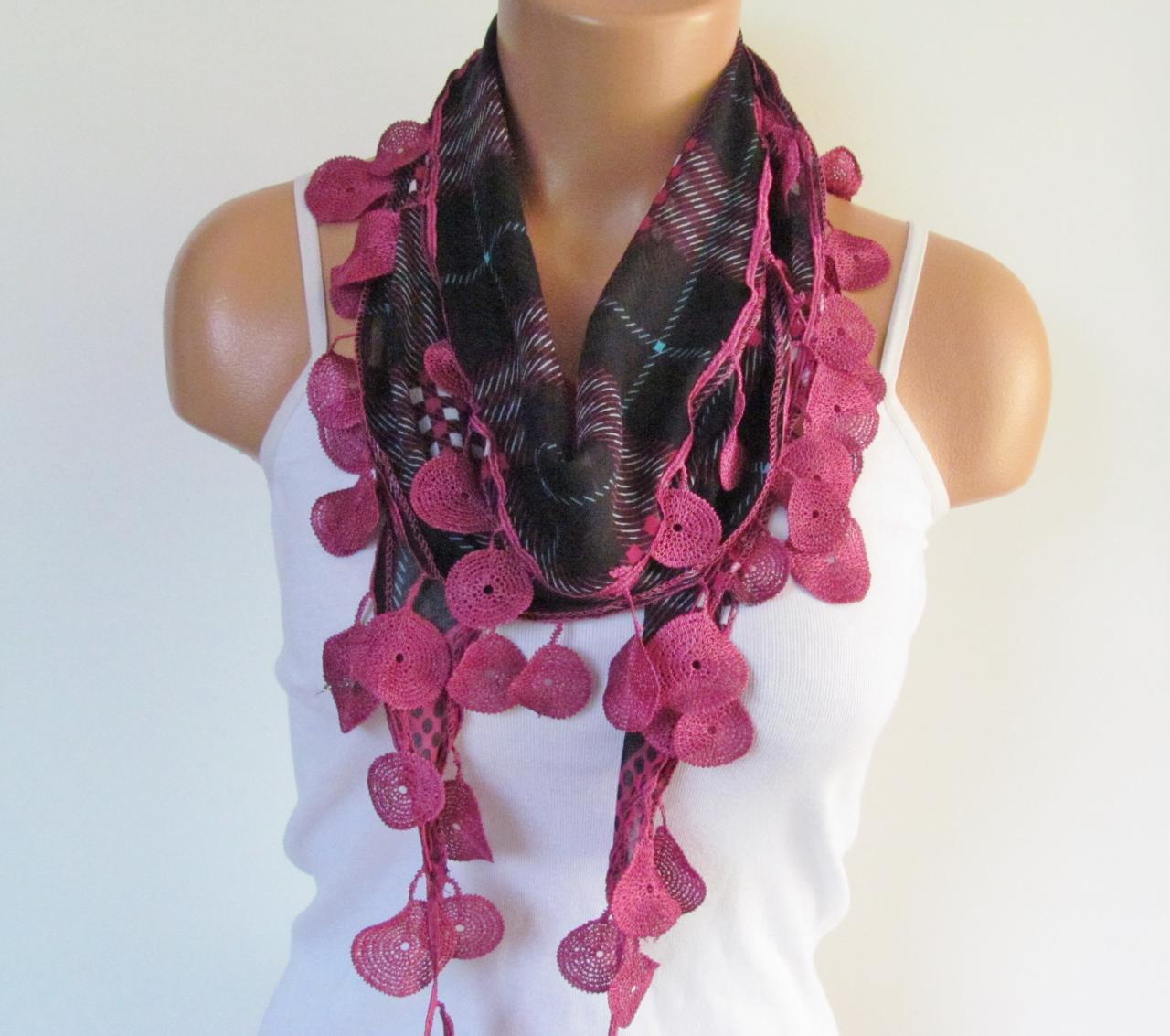 Plaid Long Scarf With Fringe-New Season Scarf-Headband-Necklace- Infinity Scarf- Spring Accessory-New Season-Gift-Pink and BlackScarf
