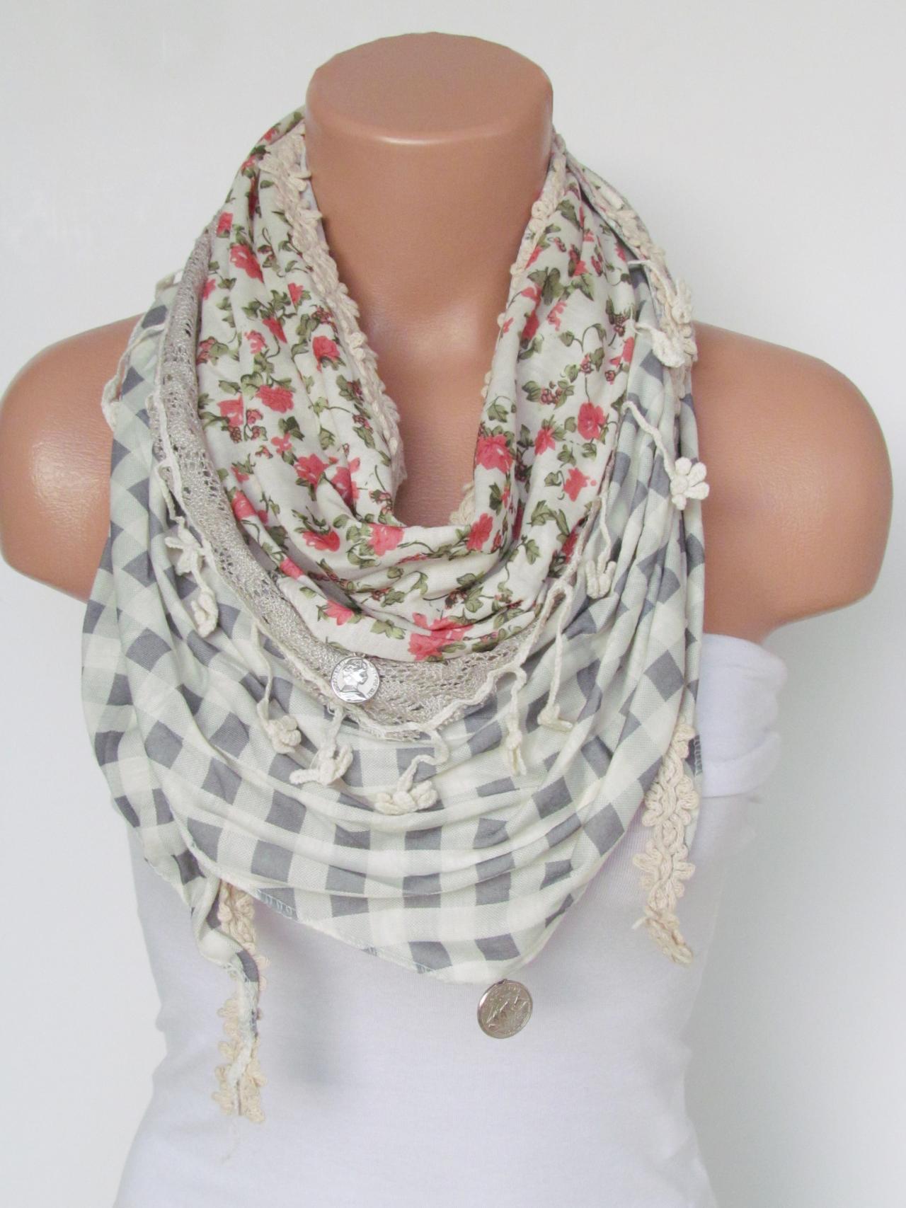 Winter Scarf with fringe and lace-Triangle Shawl Scarf-Winter Fashion-Lace Scarf-Necklace-Pashmina Scarf- Stone Pale Green Infinity Scarf