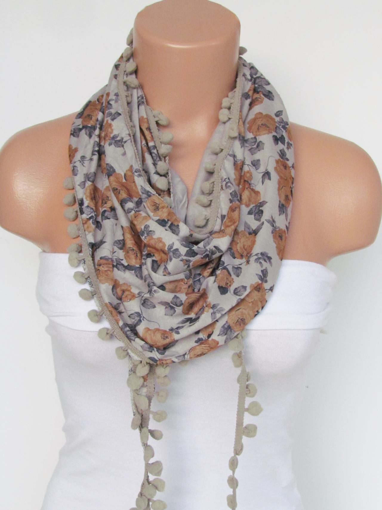 Mustard Floral Pompon Scarf -winter Fashion Scarf-shawl Scarf-headband-necklace- Infinity Scarf- Winter Accessory-long Scarf