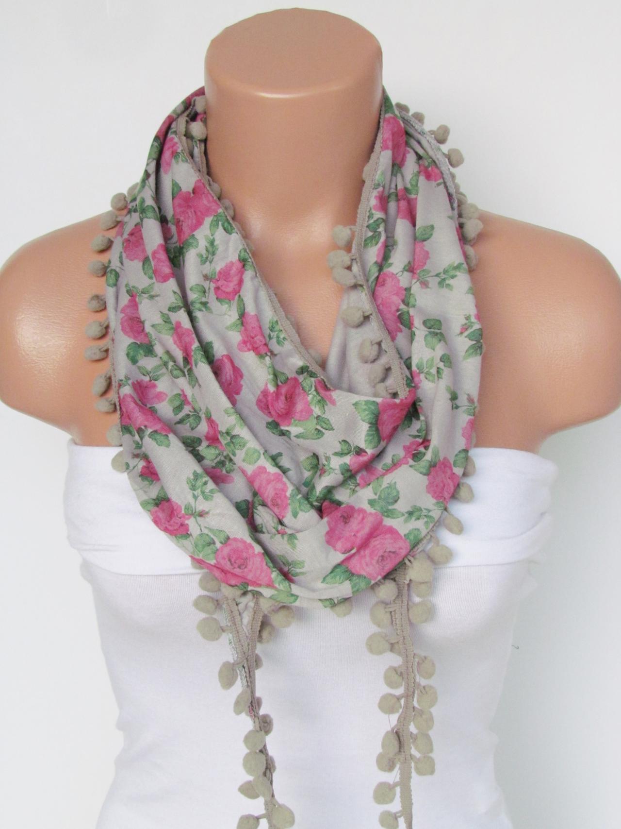 Pink Floral Pompon Scarf -Winter Fashion Scarf-Shawl Scarf-Headband-Necklace- Infinity Scarf- Winter Accessory-Long Scarf