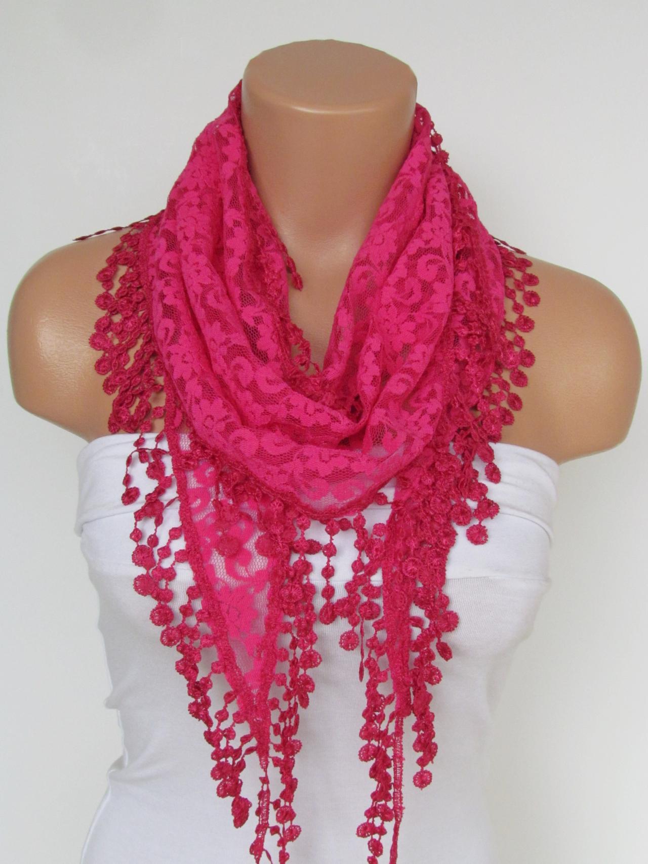Deep Pink Long Scarf With Fringe-Winter Fashion Scarf-Headband-Necklace- Infinity Scarf- Winter Accessory-Long Scarf