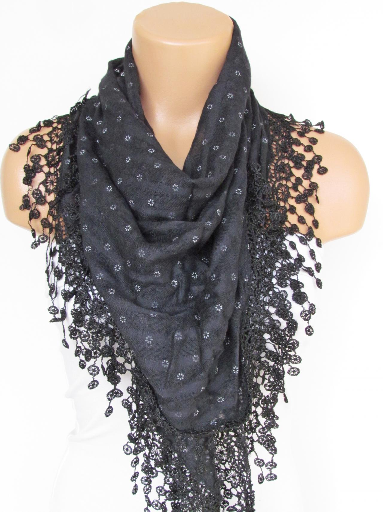 Black Scarf with fringe -Triangle Shawl Scarf-New Season-Necklace-Lariat- Neckwarmer- Infinity Scarf--Gift For Her