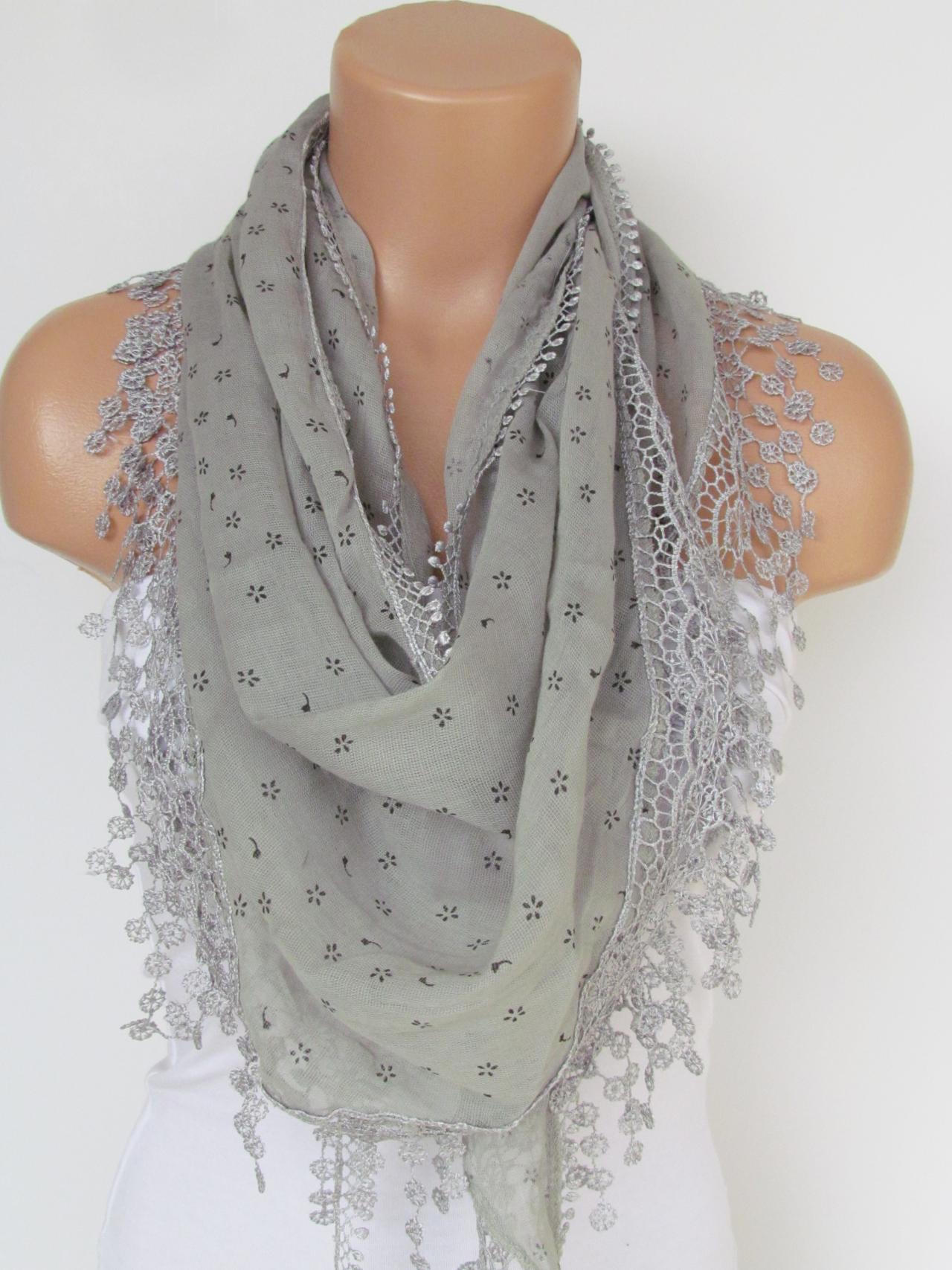 Gray Scarf With Fringe -triangle Shawl Scarf- Season-necklace-lariat- Neckwarmer- Infinity Scarf--gift For Her