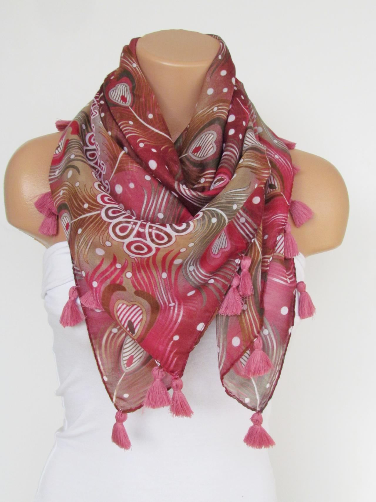 Pink Floral Scarf with fringe -Triangle Shawl Scarf-Fall Fashion-Necklace-Cotton Scarf- Neckwarmer- Infinity Scarf-Gift