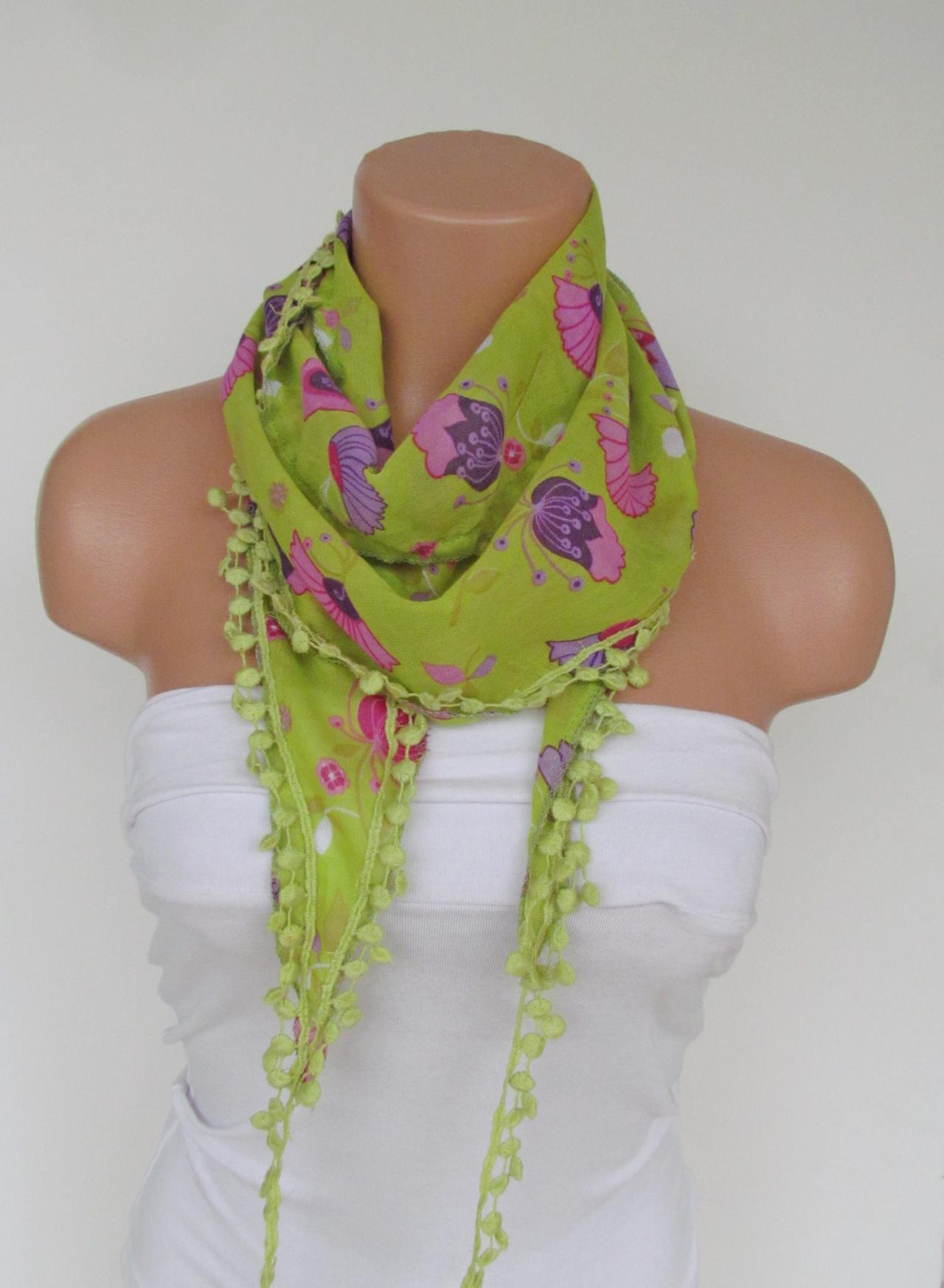 Long Scarf With Fringe-New Season Scarf-Headband-Necklace- Infinity Scarf- Spring Accessory-Floral Green Scarf-New Season-Gift