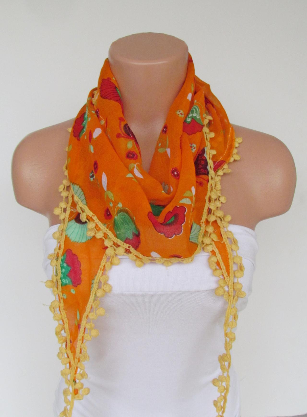 Long Scarf With Fringe-New Season Scarf-Headband-Necklace- Infinity Scarf- Spring Accessory-Floral Orange Scarf-New Season-Gift