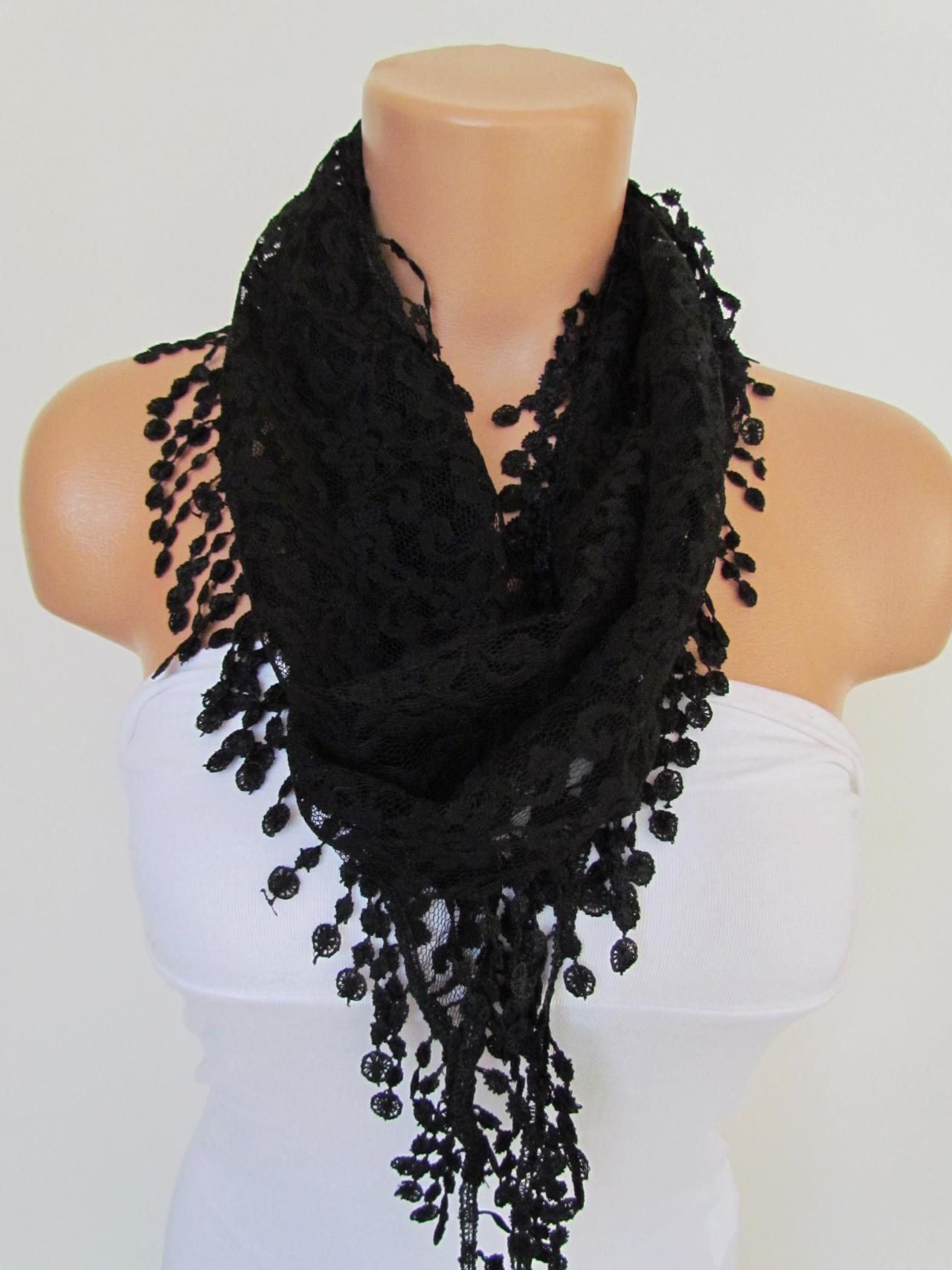Black Long Scarf With Fringe-Winter Fashion Scarf-Headband-Necklace ...