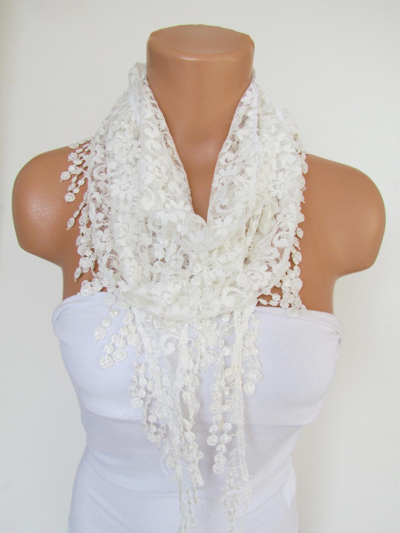 Cream Long Scarf With Fringe-Winter Fashion Scarf-Headband-Necklace- Infinity Scarf- Winter Accessory-Long Scarf