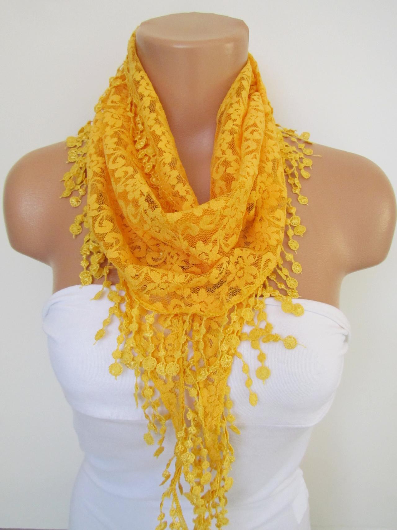 Yellow Long Scarf With Fringe-Winter Fashion Scarf-Headband-Necklace- Infinity Scarf- Winter Accessory-Long Scarf