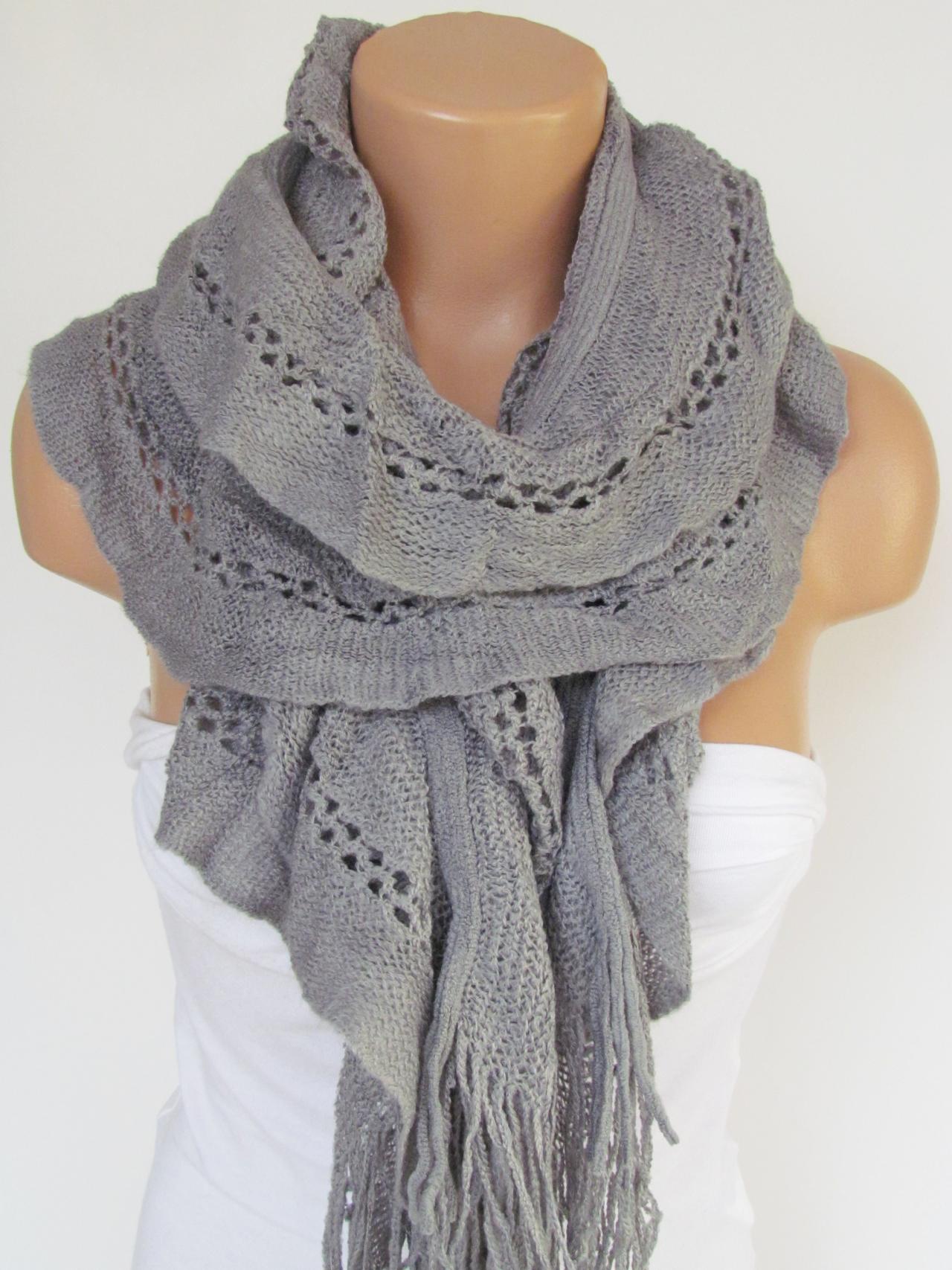 Gray Knitted Fabric Scarf - Shawl Scarf - Neck Warmer, Winter Accessories, Fall Fashion, Holiday Accossories,Gift For Valentines
