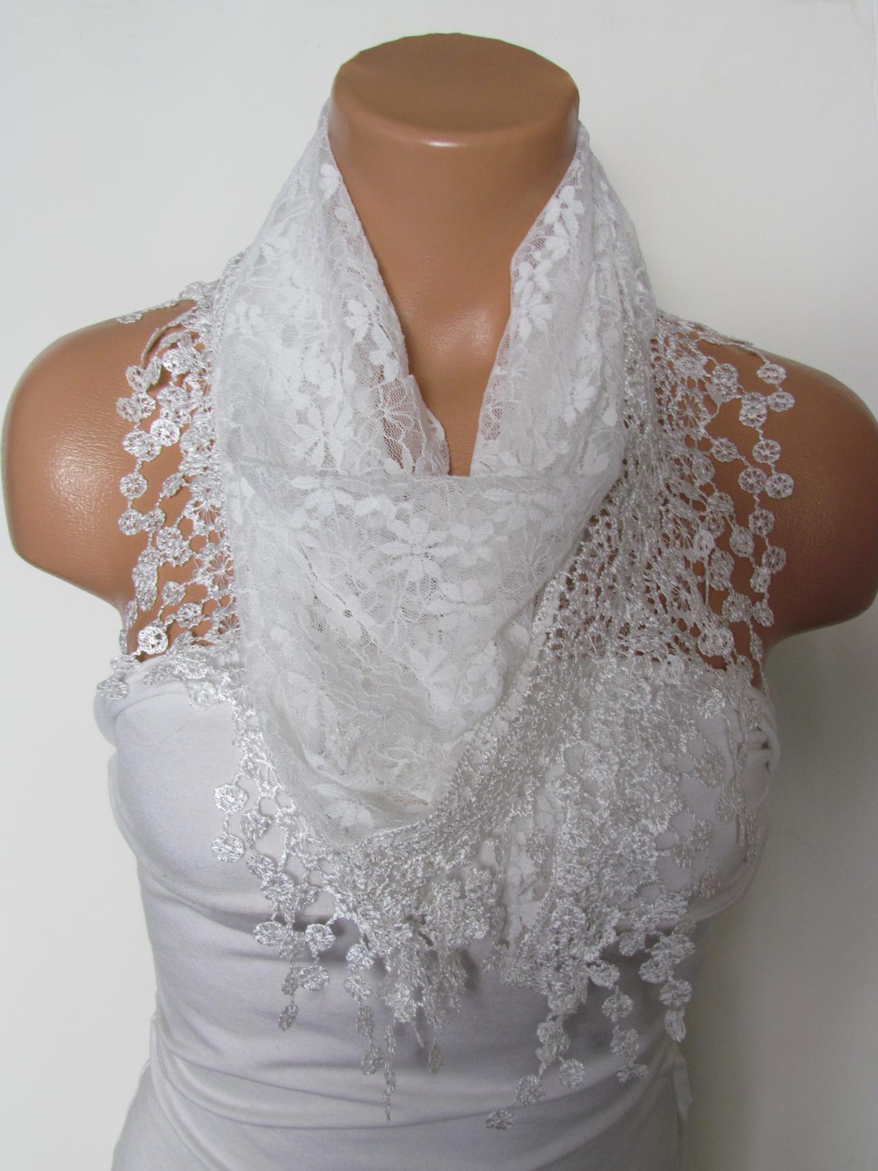 White Long Scarf With Fringe-Winter Fashion Scarf-Headband-Necklace- Infinity Scarf- Winter Accessory-Long Scarf