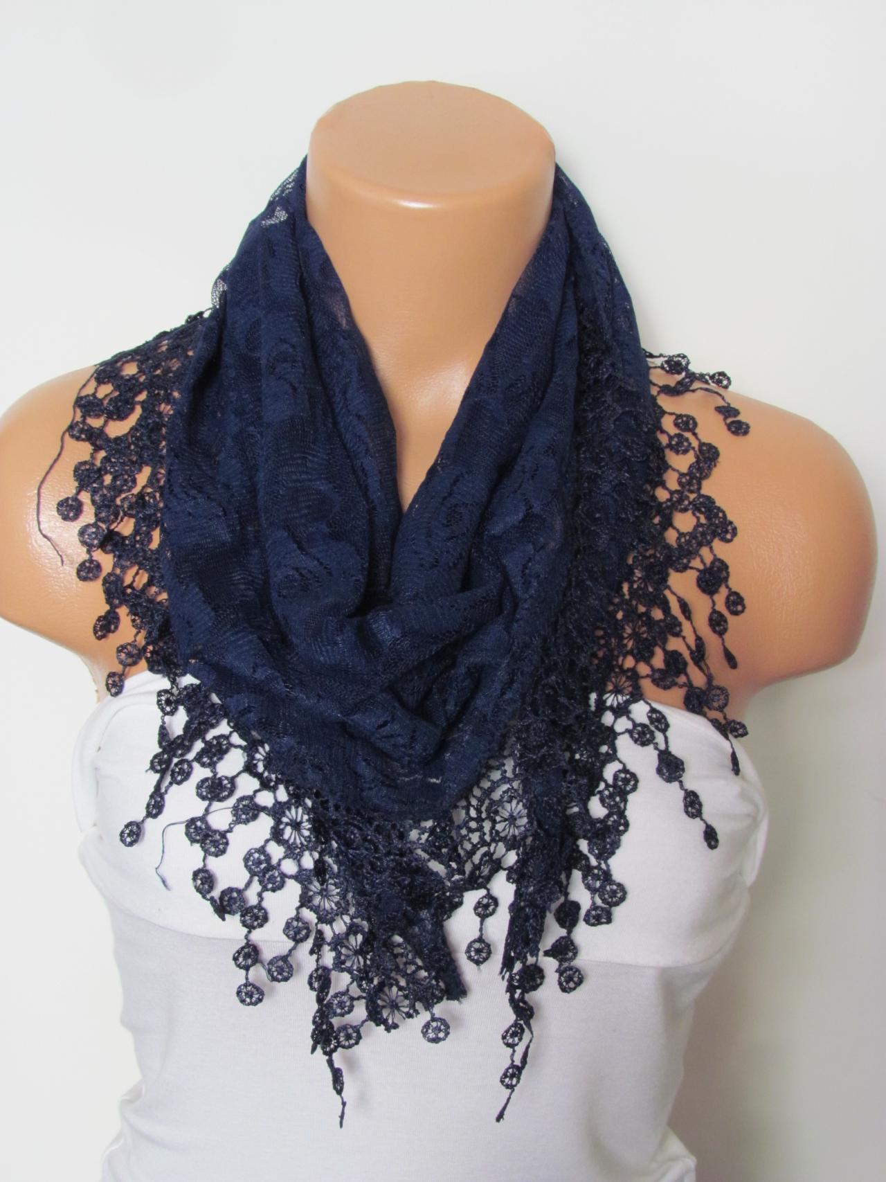 Dark Blue Long Scarf With Fringe-Winter Fashion Scarf-Headband-Necklace- Infinity Scarf- Winter Accessory-Long Scarf