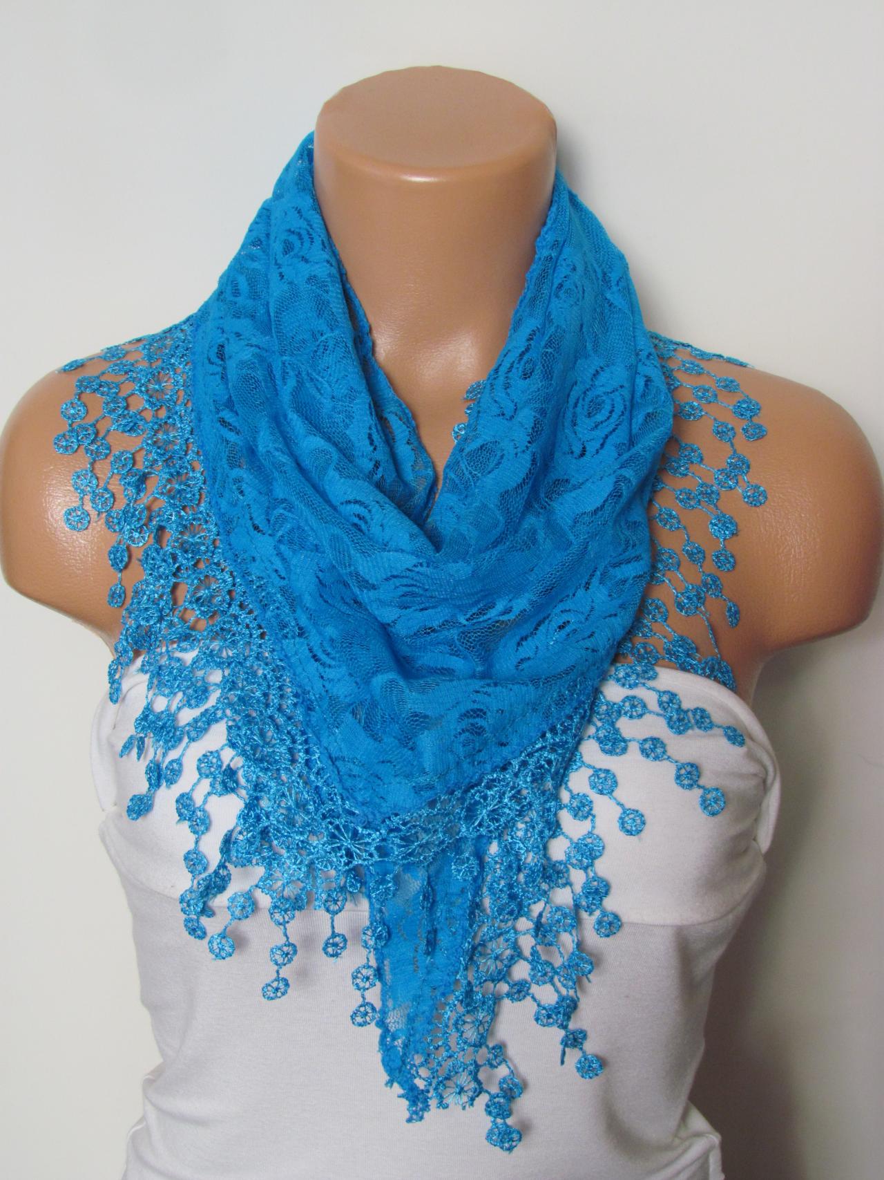Blue Long Scarf With Fringe-Winter Fashion Scarf-Headband-Necklace- Infinity Scarf- Winter Accessory-Long Scarf