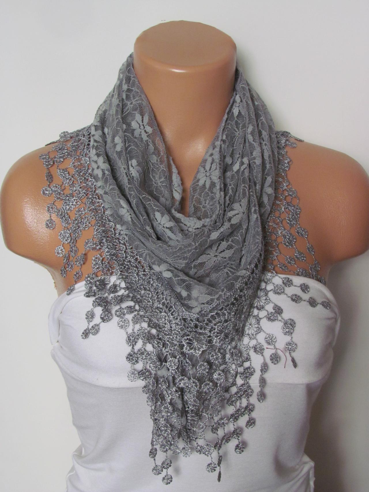 Grey Long Scarf With Fringe-Winter Fashion Scarf-Headband-Necklace- Infinity Scarf- Winter Accessory-Long Scarf