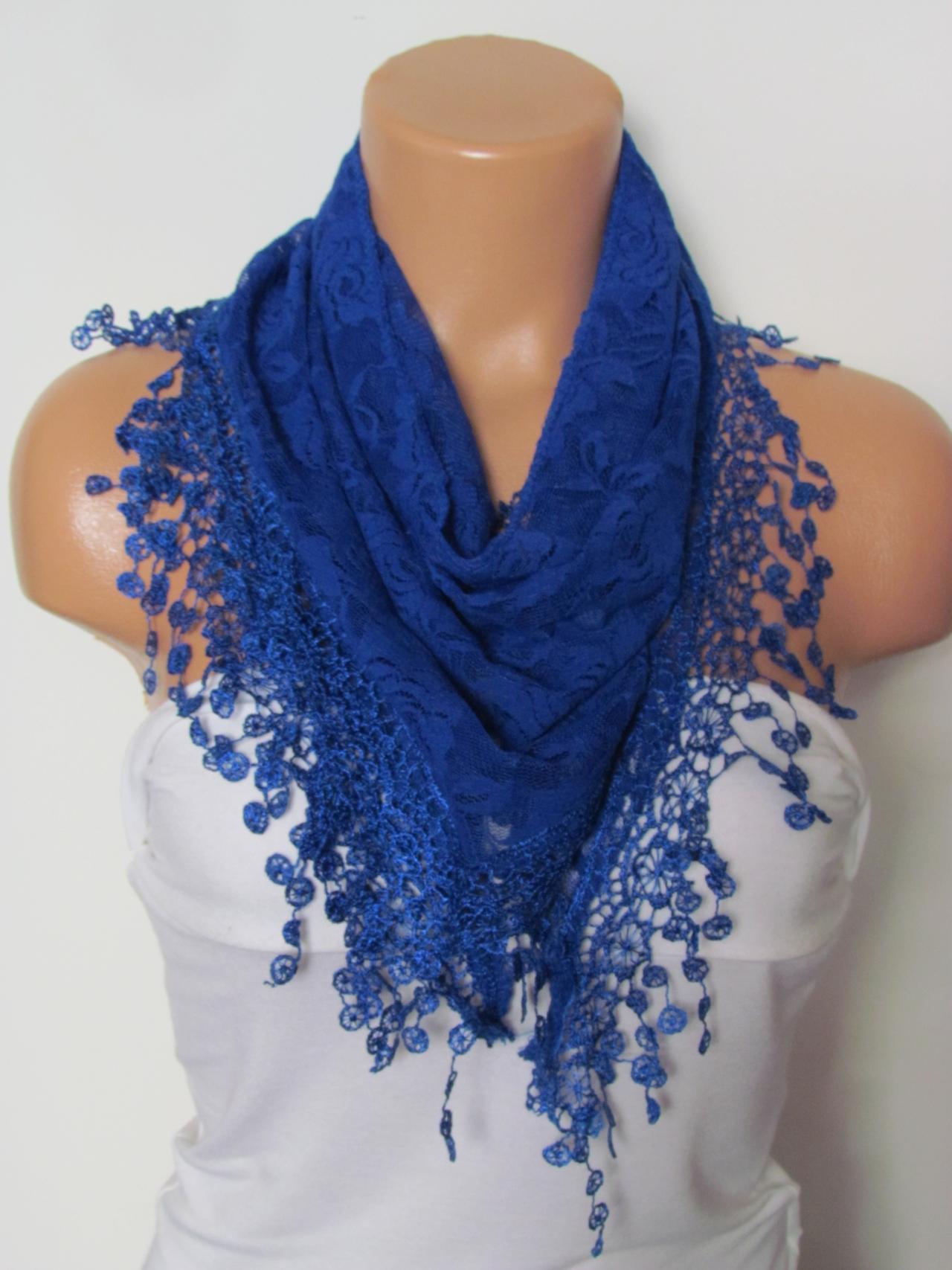 Royal Blue Long Scarf With Fringe-Winter Fashion Scarf-Headband-Necklace- Infinity Scarf- Winter Accessory-Long Scarf