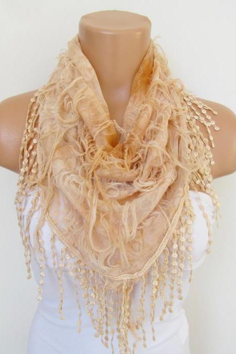 Salmon Scarf with fringe -Triangle Shawl Scarf-Spring Fashion-Lace Scarf- Neckwarmer- Infinity Scarf-Mother's Day Gift