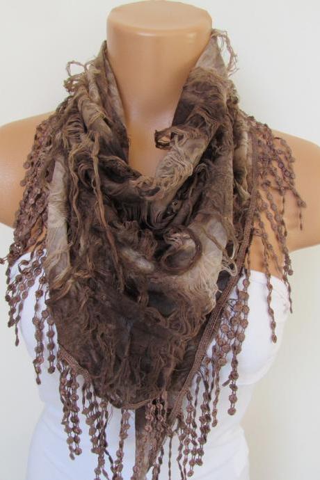 Brown Scarf With Fringe -triangle Shawl Scarf-spring Fashion-lace Scarf- Neckwarmer- Infinity Scarf-mother&amp;#039;s Day Gift