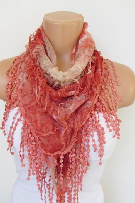 Red Scarf with fringe -Triangle Shawl Scarf-Spring Fashion-Lace Scarf- Neckwarmer- Infinity Scarf-Mother's Day Gift