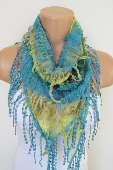 Blue And Yellow Scarf With Fringe -triangle Shawl Scarf-spring Fashion-lace Scarf- Neckwarmer- Infinity Scarf-mother&amp;#039;s Day Gift