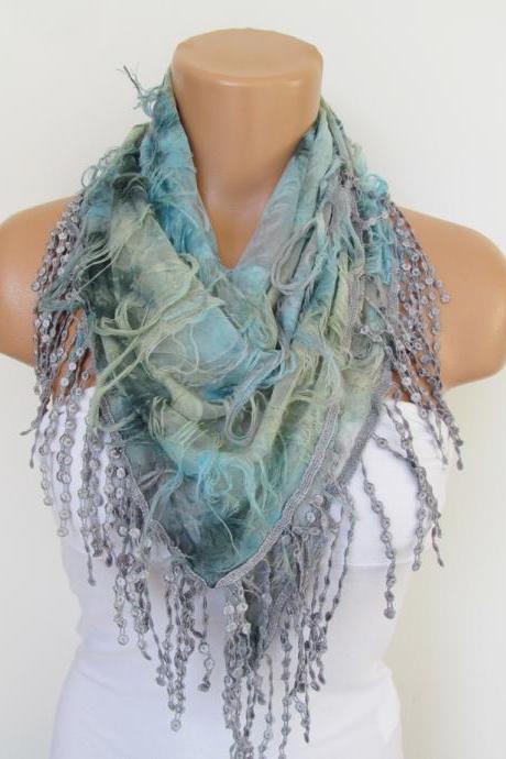 Gray and Aqua Scarf with fringe -Triangle Shawl Scarf-Spring Fashion-Lace Scarf- Neckwarmer- Infinity Scarf-Mother's Day Gift