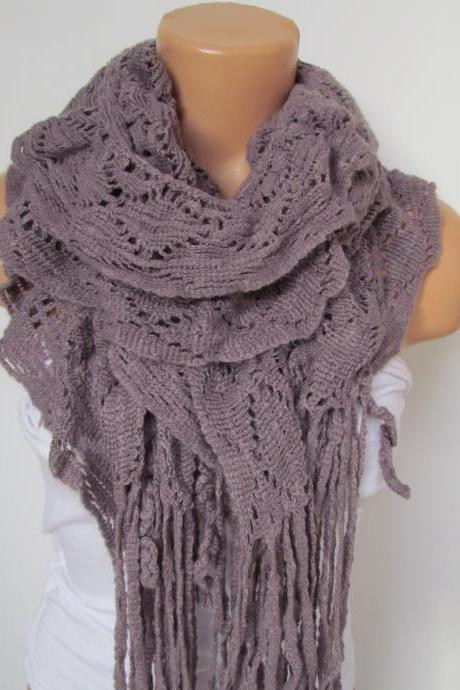 Lilac Knitted Fabric Scarf - Shawl Scarf - Winter Fashion Scarf - Ruffle Scarf - Infinty Scarf - Neck Warmer