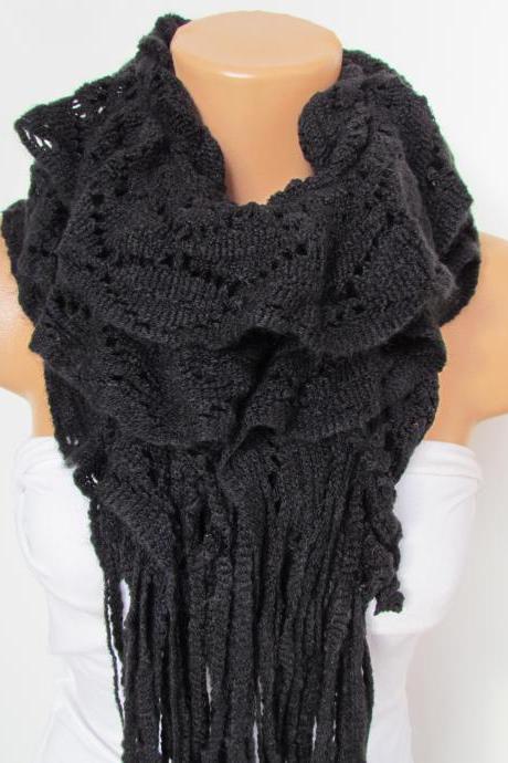 Black Knitted Fabric Scarf - Shawl Scarf - Winter Fashion Scarf - Ruffle Scarf - Infinty Scarf - Neck Warmer