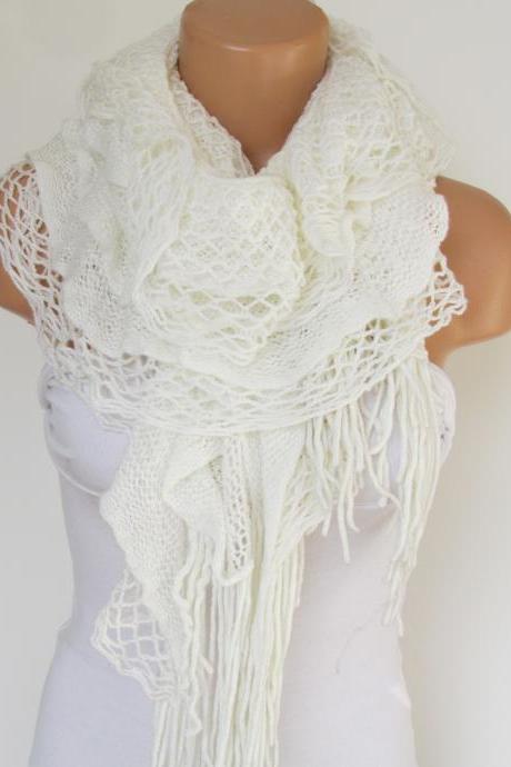 White Knitted Fabric Scarf - Shawl Scarf - Neck Warmer, Winter Accessories, Fall Fashion, Holiday Accossories,Gift For Valentines