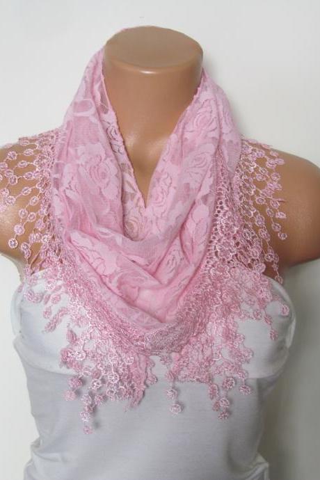Pink Long Scarf With Fringe-winter Fashion Scarf-headband-necklace- Infinity Scarf- Winter Accessory-long Scarf